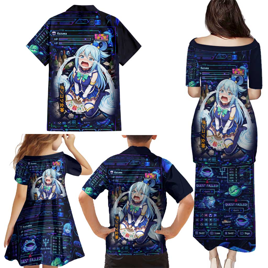Aqua Axis Order High Priestess Family Matching Puletasi and Hawaiian Shirt Retro Anime RPG Interface Style