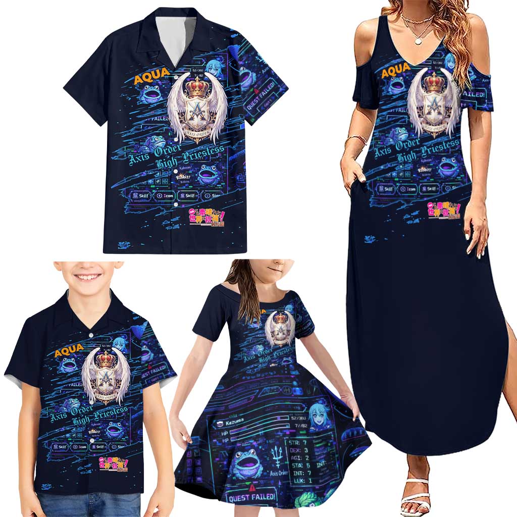 Aqua Axis Order High Priestess Family Matching Summer Maxi Dress and Hawaiian Shirt Retro Anime RPG Interface Style