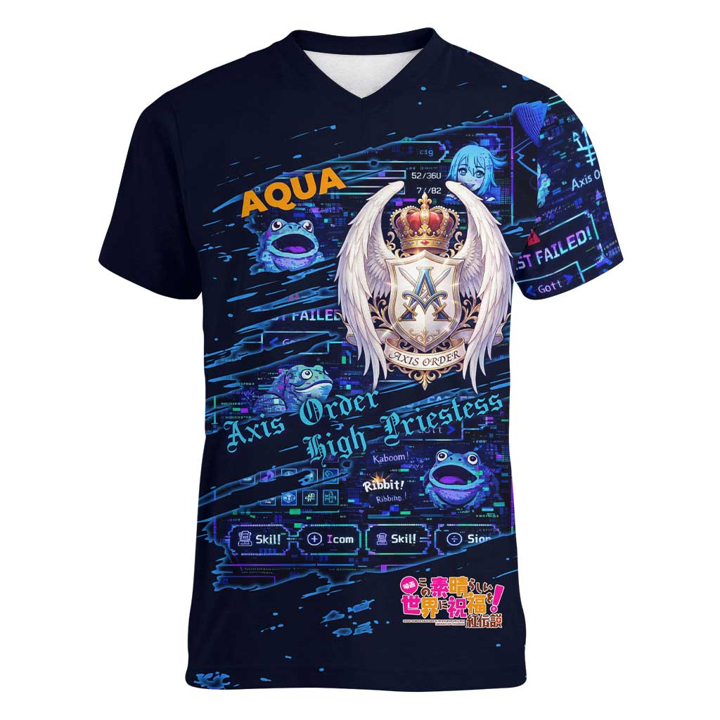 Aqua Axis Order High Priestess Women V-Neck T-Shirt Retro Anime RPG Interface Style