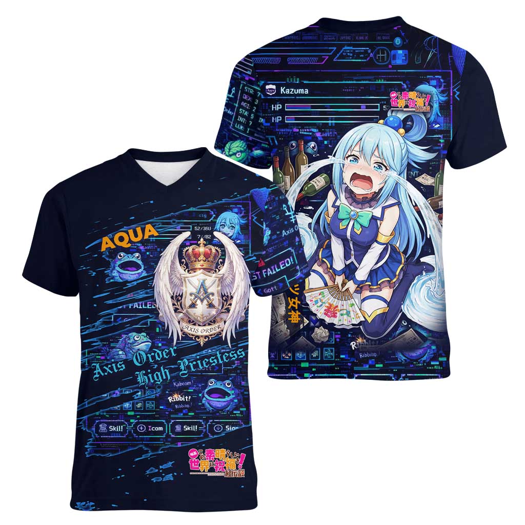 Aqua Axis Order High Priestess Women V-Neck T-Shirt Retro Anime RPG Interface Style