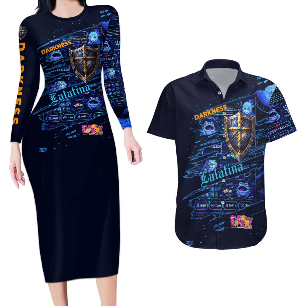 Darkness Lalatina Couples Matching Long Sleeve Bodycon Dress and Hawaiian Shirt Retro Anime RPG Interface Style