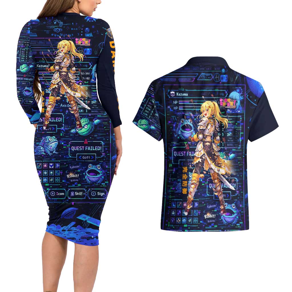 Darkness Lalatina Couples Matching Long Sleeve Bodycon Dress and Hawaiian Shirt Retro Anime RPG Interface Style