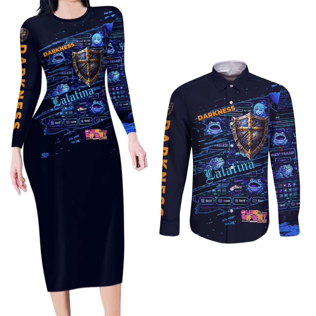 Darkness Lalatina Couples Matching Long Sleeve Bodycon Dress and Long Sleeve Button Shirt Retro Anime RPG Interface Style