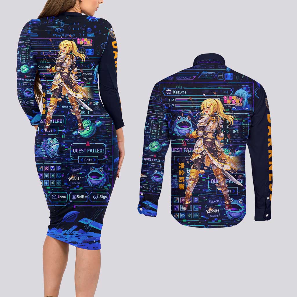 Darkness Lalatina Couples Matching Long Sleeve Bodycon Dress and Long Sleeve Button Shirt Retro Anime RPG Interface Style