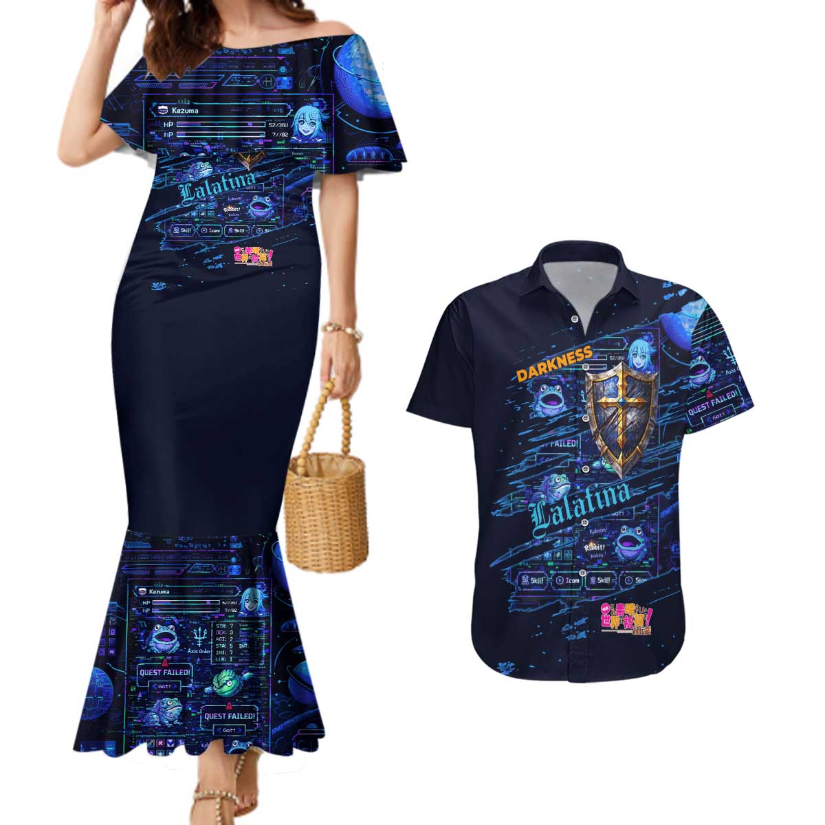 Darkness Lalatina Couples Matching Mermaid Dress and Hawaiian Shirt Retro Anime RPG Interface Style