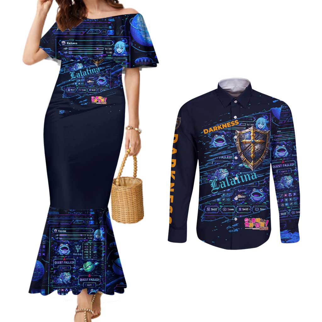 Darkness Lalatina Couples Matching Mermaid Dress and Long Sleeve Button Shirt Retro Anime RPG Interface Style