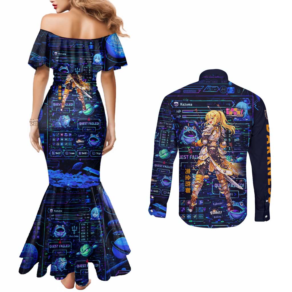 Darkness Lalatina Couples Matching Mermaid Dress and Long Sleeve Button Shirt Retro Anime RPG Interface Style