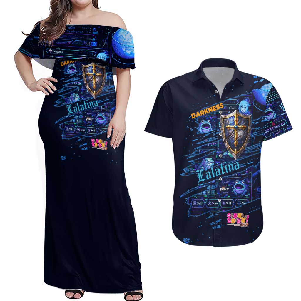 Darkness Lalatina Couples Matching Off Shoulder Maxi Dress and Hawaiian Shirt Retro Anime RPG Interface Style