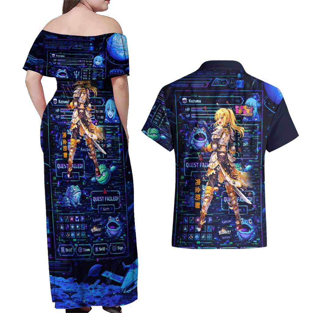 Darkness Lalatina Couples Matching Off Shoulder Maxi Dress and Hawaiian Shirt Retro Anime RPG Interface Style