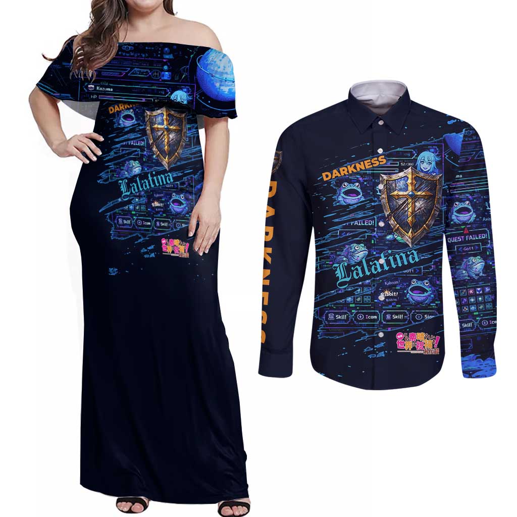 Darkness Lalatina Couples Matching Off Shoulder Maxi Dress and Long Sleeve Button Shirt Retro Anime RPG Interface Style