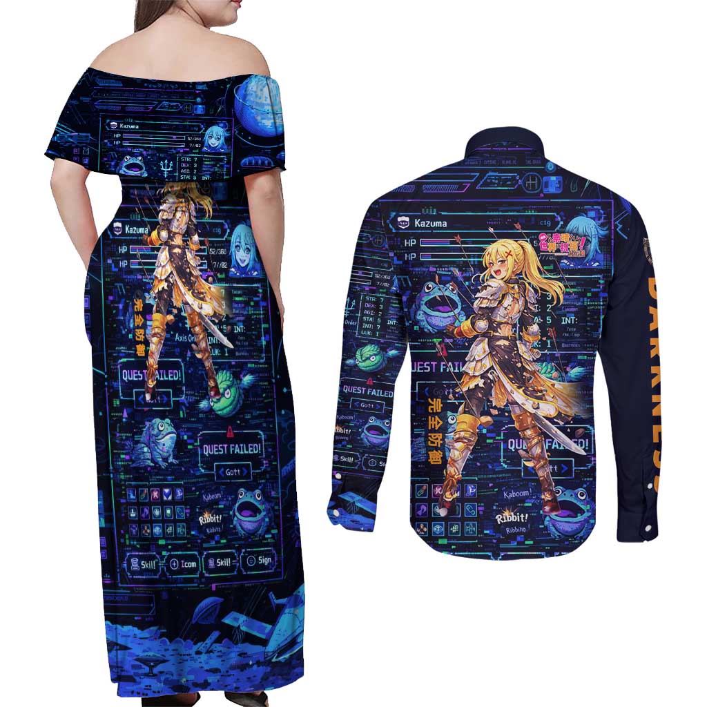 Darkness Lalatina Couples Matching Off Shoulder Maxi Dress and Long Sleeve Button Shirt Retro Anime RPG Interface Style