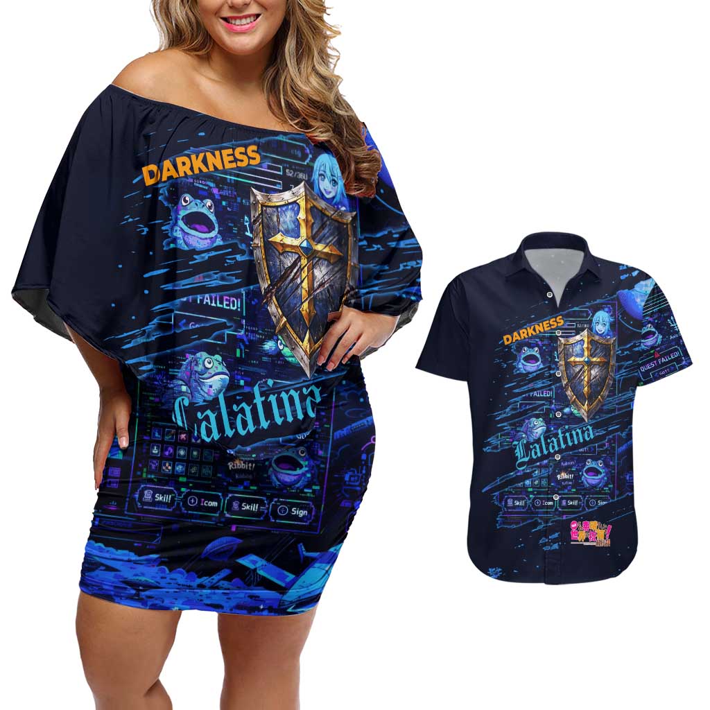 Darkness Lalatina Couples Matching Off Shoulder Short Dress and Hawaiian Shirt Retro Anime RPG Interface Style