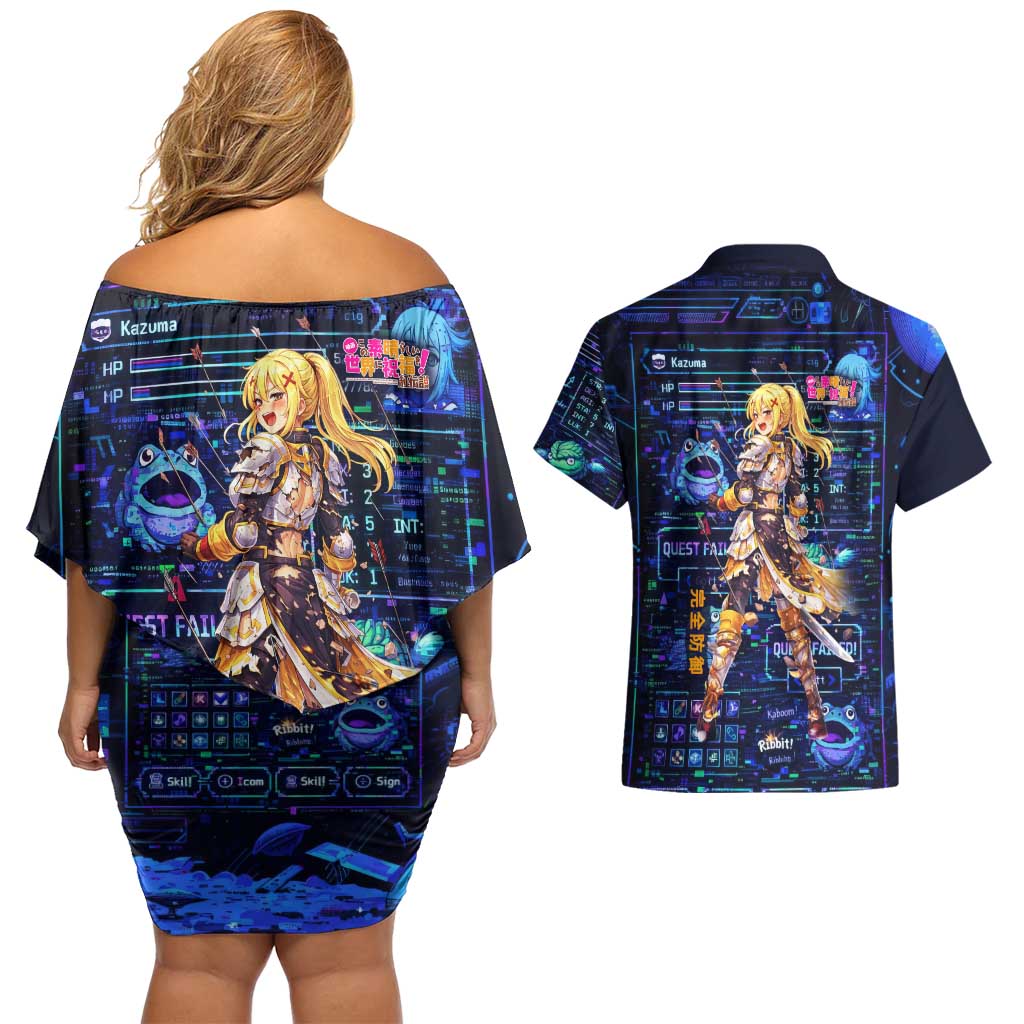 Darkness Lalatina Couples Matching Off Shoulder Short Dress and Hawaiian Shirt Retro Anime RPG Interface Style