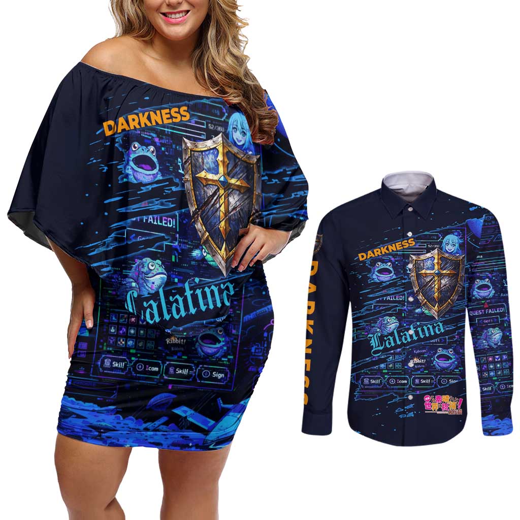Darkness Lalatina Couples Matching Off Shoulder Short Dress and Long Sleeve Button Shirt Retro Anime RPG Interface Style