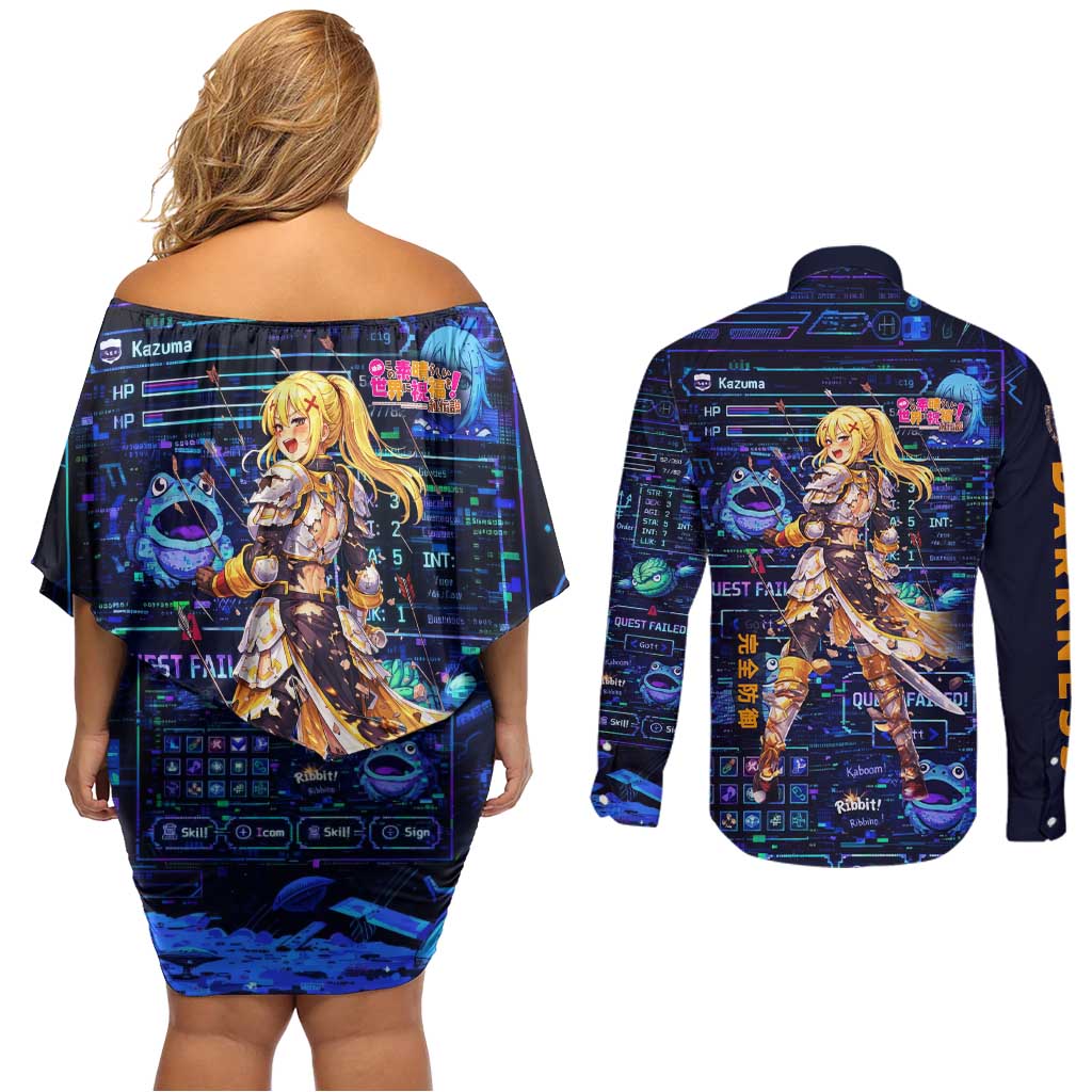 Darkness Lalatina Couples Matching Off Shoulder Short Dress and Long Sleeve Button Shirt Retro Anime RPG Interface Style
