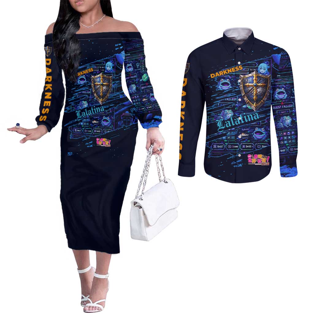 Darkness Lalatina Couples Matching Off The Shoulder Long Sleeve Dress and Long Sleeve Button Shirt Retro Anime RPG Interface Style