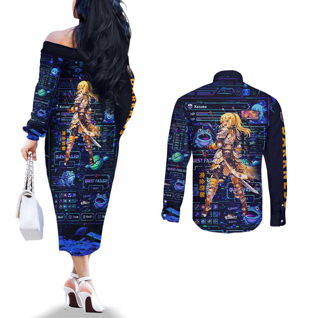 Darkness Lalatina Couples Matching Off The Shoulder Long Sleeve Dress and Long Sleeve Button Shirt Retro Anime RPG Interface Style