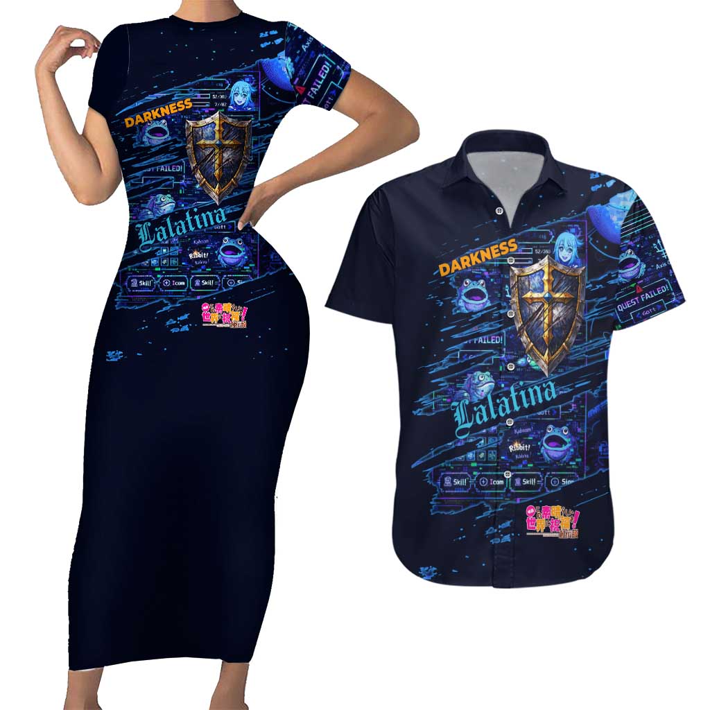Darkness Lalatina Couples Matching Short Sleeve Bodycon Dress and Hawaiian Shirt Retro Anime RPG Interface Style