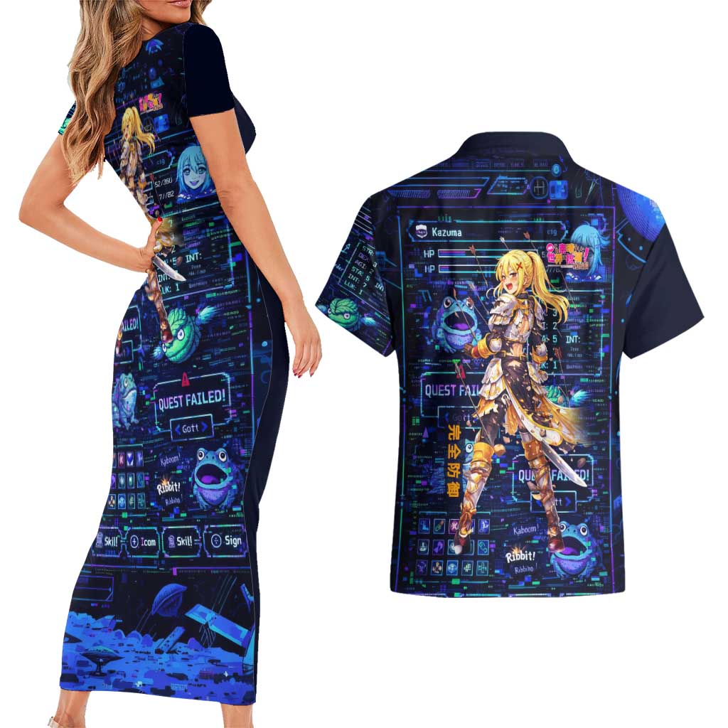 Darkness Lalatina Couples Matching Short Sleeve Bodycon Dress and Hawaiian Shirt Retro Anime RPG Interface Style