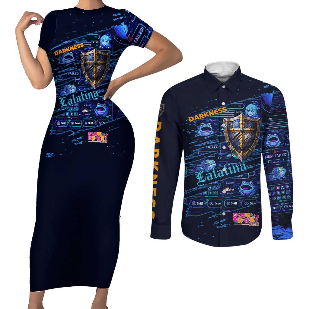 Darkness Lalatina Couples Matching Short Sleeve Bodycon Dress and Long Sleeve Button Shirt Retro Anime RPG Interface Style