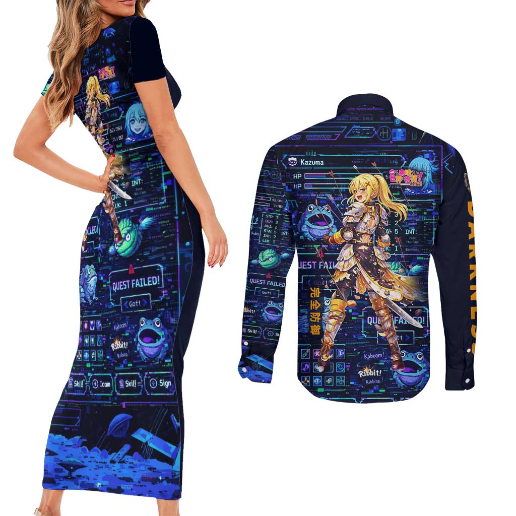 Darkness Lalatina Couples Matching Short Sleeve Bodycon Dress and Long Sleeve Button Shirt Retro Anime RPG Interface Style