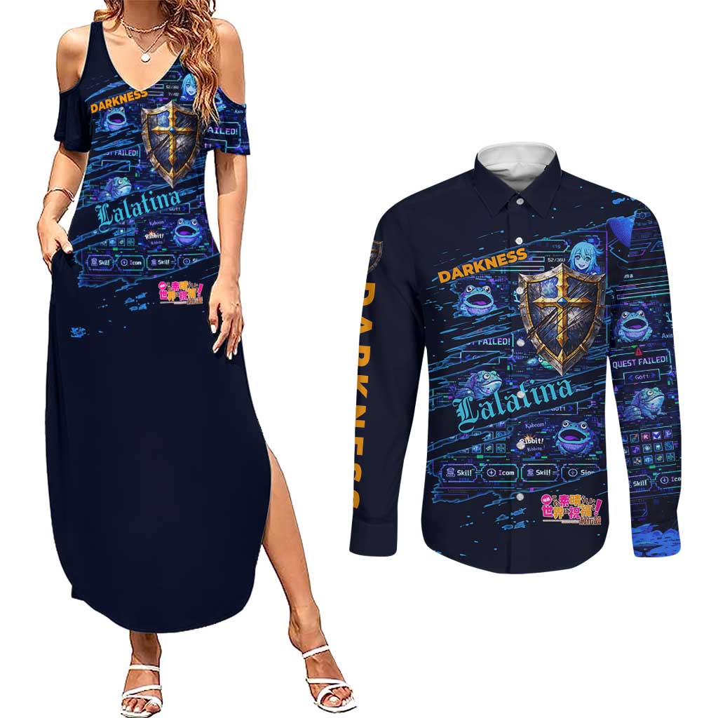 Darkness Lalatina Couples Matching Summer Maxi Dress and Long Sleeve Button Shirt Retro Anime RPG Interface Style
