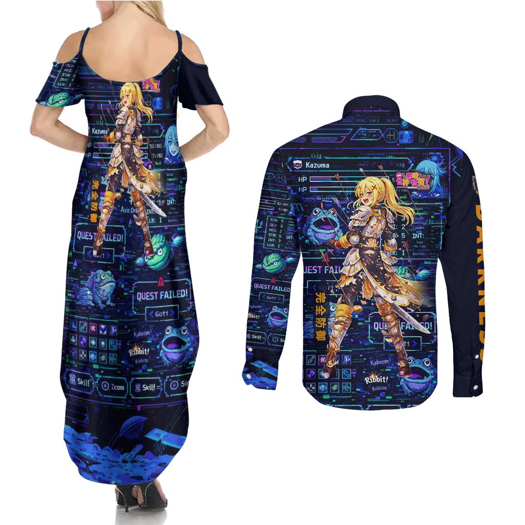 Darkness Lalatina Couples Matching Summer Maxi Dress and Long Sleeve Button Shirt Retro Anime RPG Interface Style