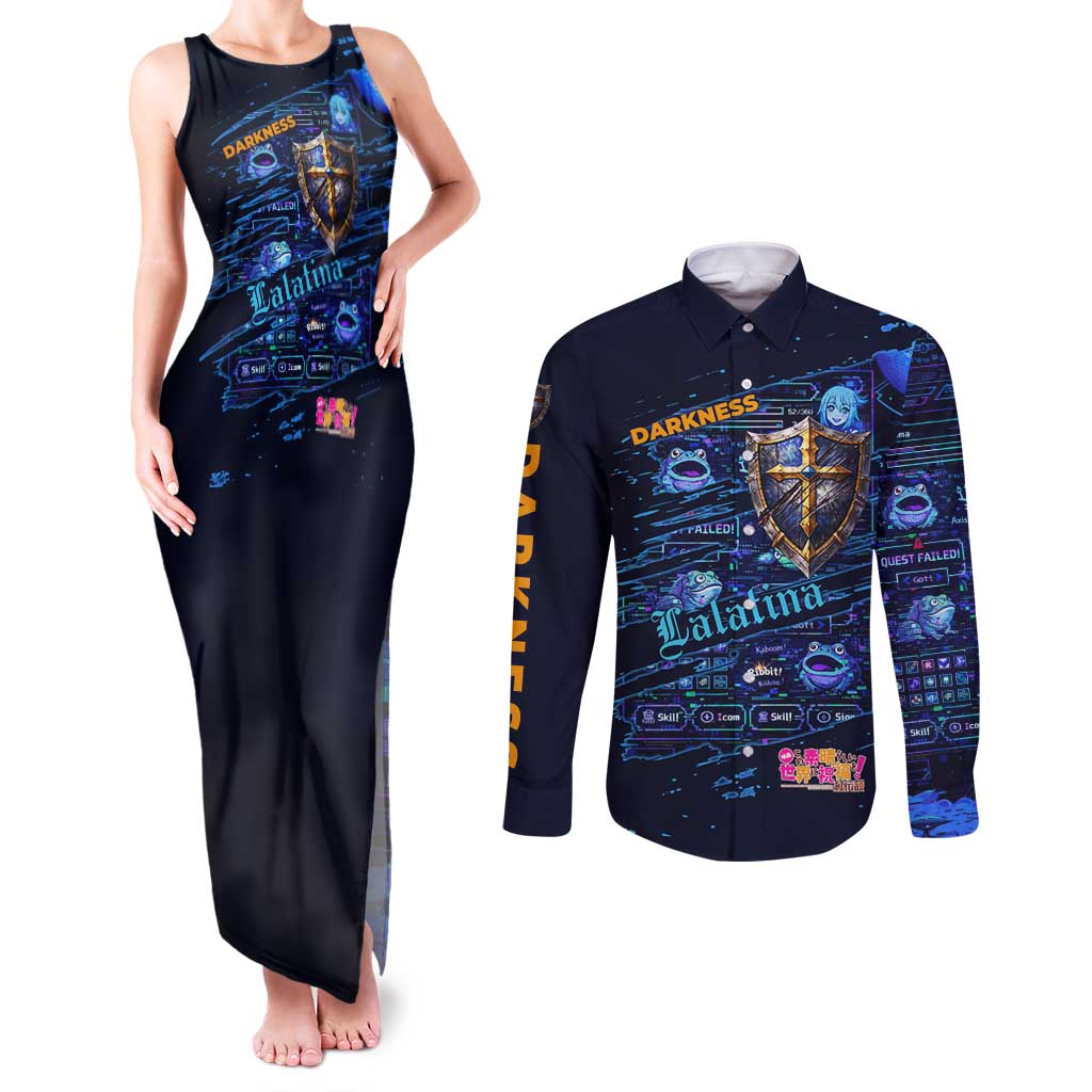 Darkness Lalatina Couples Matching Tank Maxi Dress and Long Sleeve Button Shirt Retro Anime RPG Interface Style