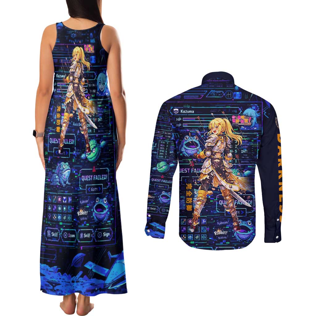 Darkness Lalatina Couples Matching Tank Maxi Dress and Long Sleeve Button Shirt Retro Anime RPG Interface Style