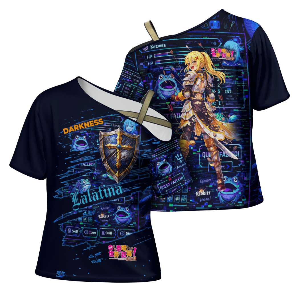 Darkness Lalatina Cross Shoulder Shirt Retro Anime RPG Interface Style