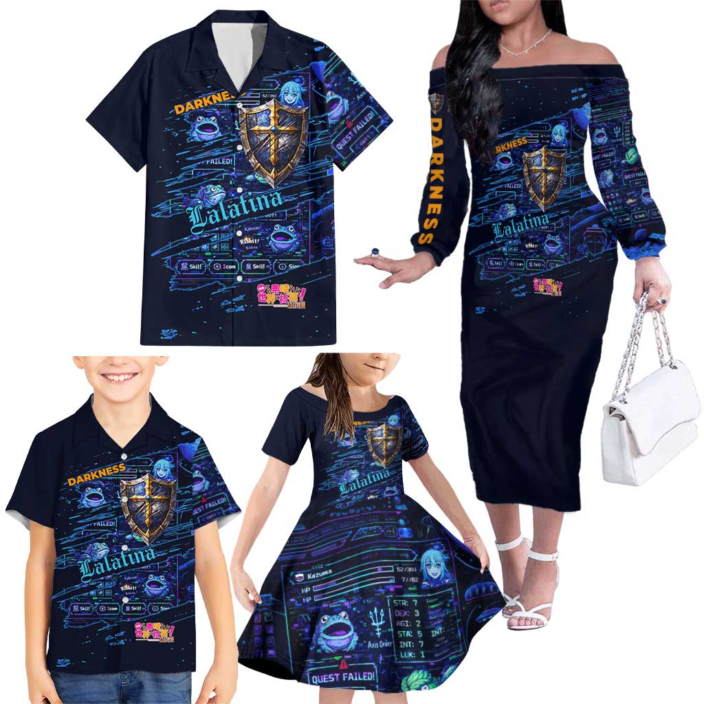 Darkness Lalatina Family Matching Off The Shoulder Long Sleeve Dress and Hawaiian Shirt Retro Anime RPG Interface Style