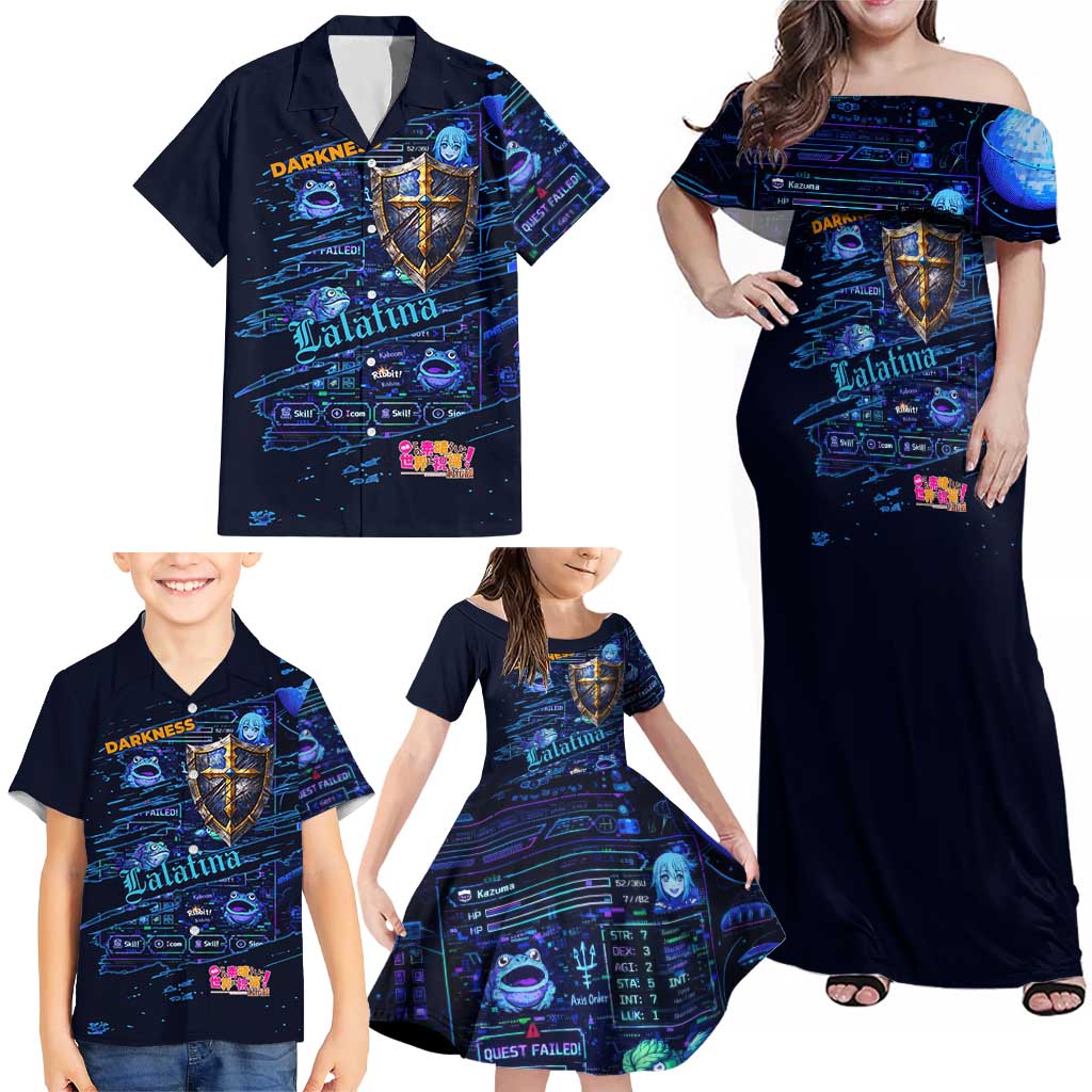Darkness Lalatina Family Matching Off Shoulder Maxi Dress and Hawaiian Shirt Retro Anime RPG Interface Style