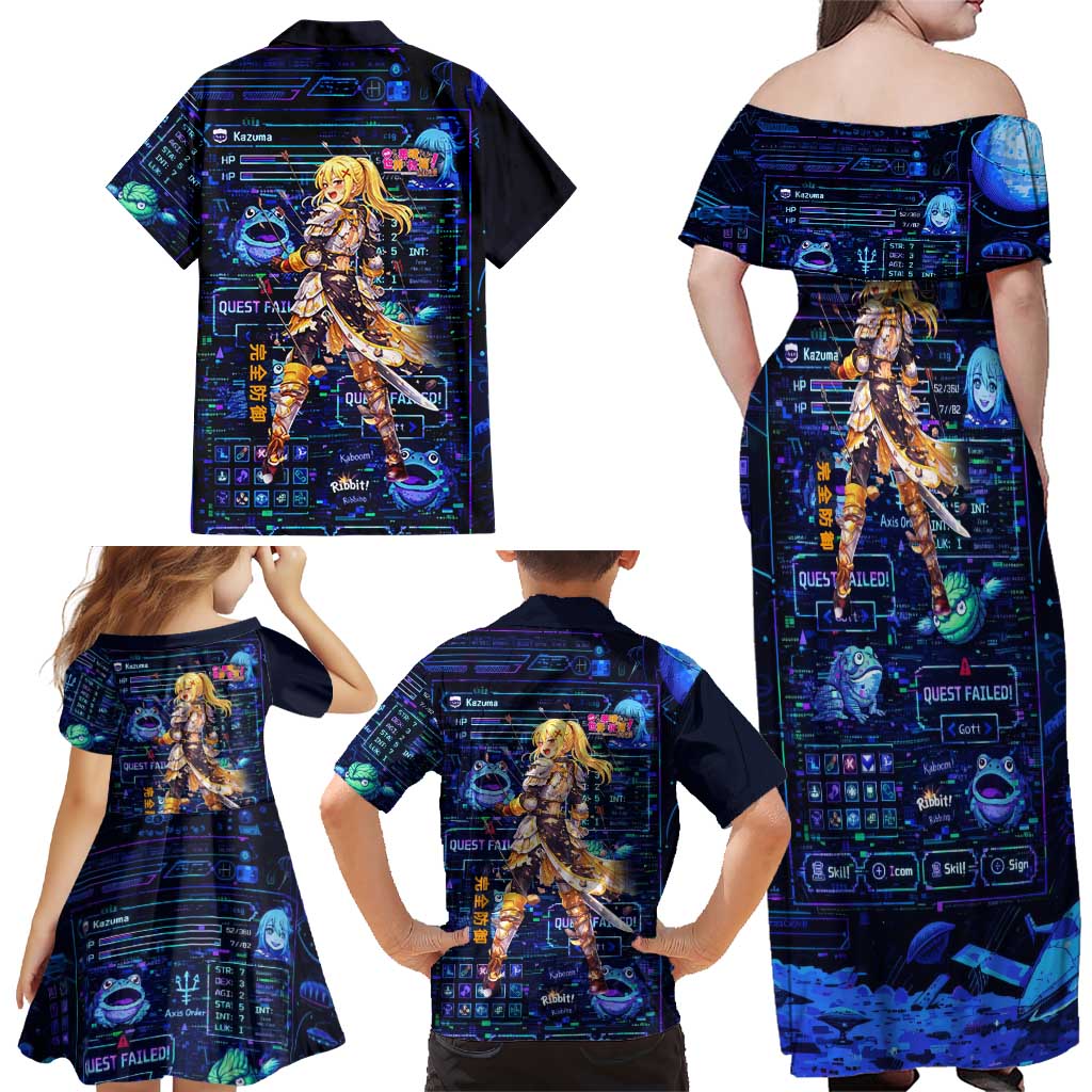 Darkness Lalatina Family Matching Off Shoulder Maxi Dress and Hawaiian Shirt Retro Anime RPG Interface Style