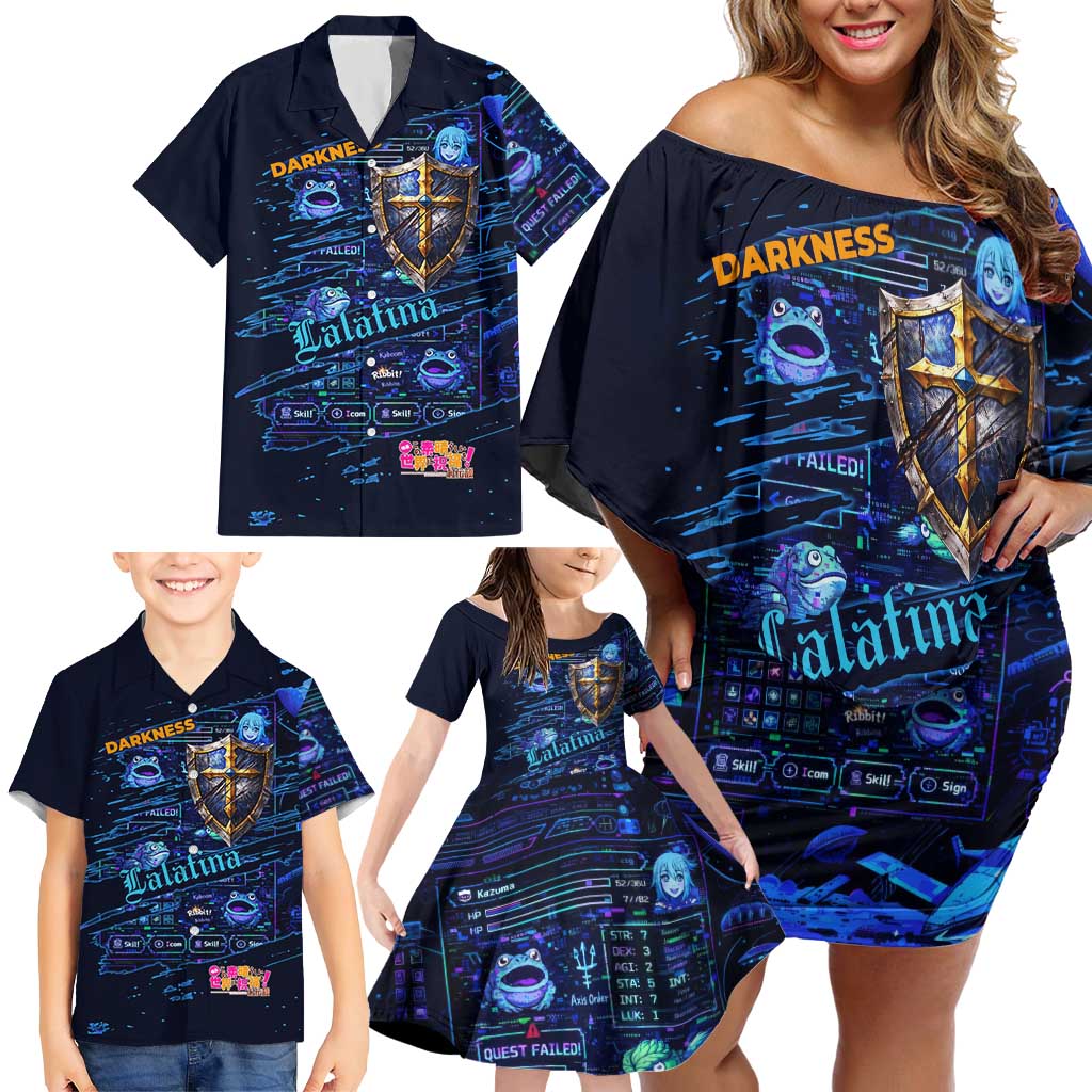 Darkness Lalatina Family Matching Off Shoulder Short Dress and Hawaiian Shirt Retro Anime RPG Interface Style