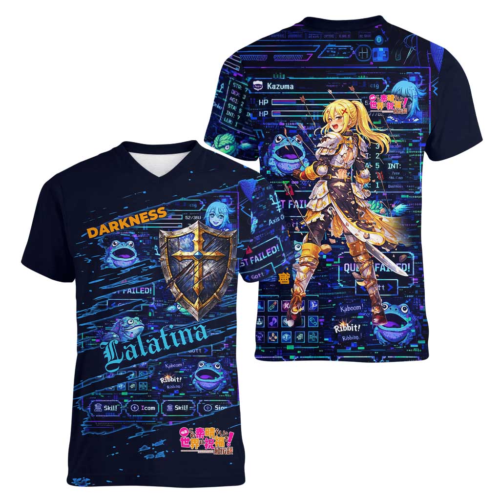 Darkness Lalatina Women V-Neck T-Shirt Retro Anime RPG Interface Style
