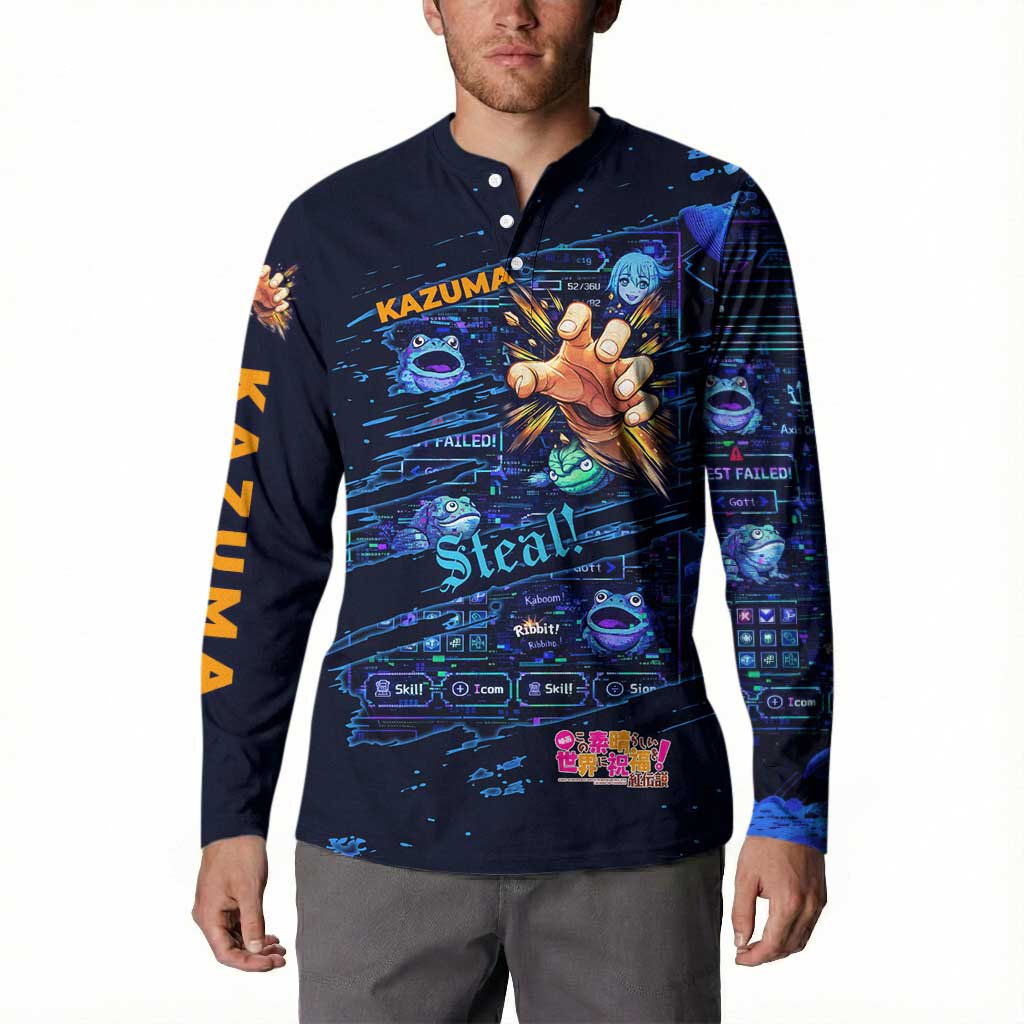 Kazuma Steal Skill Button Sweatshirt Retro Anime RPG Interface Style