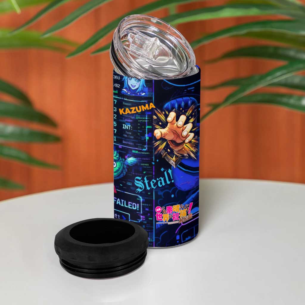 Kazuma Steal Skill 4 in 1 Can Cooler Tumbler Retro Anime RPG Interface Style