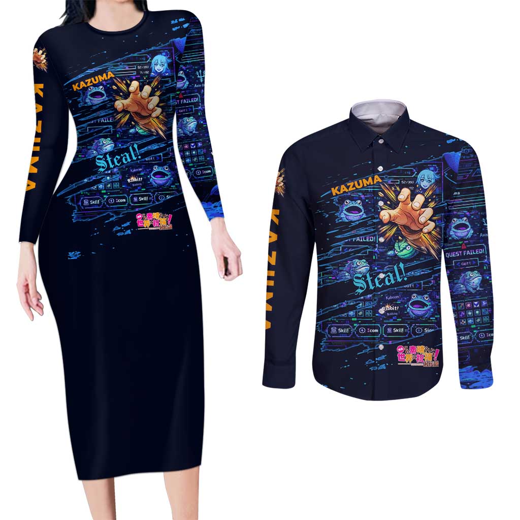 Kazuma Steal Skill Couples Matching Long Sleeve Bodycon Dress and Long Sleeve Button Shirt Retro Anime RPG Interface Style