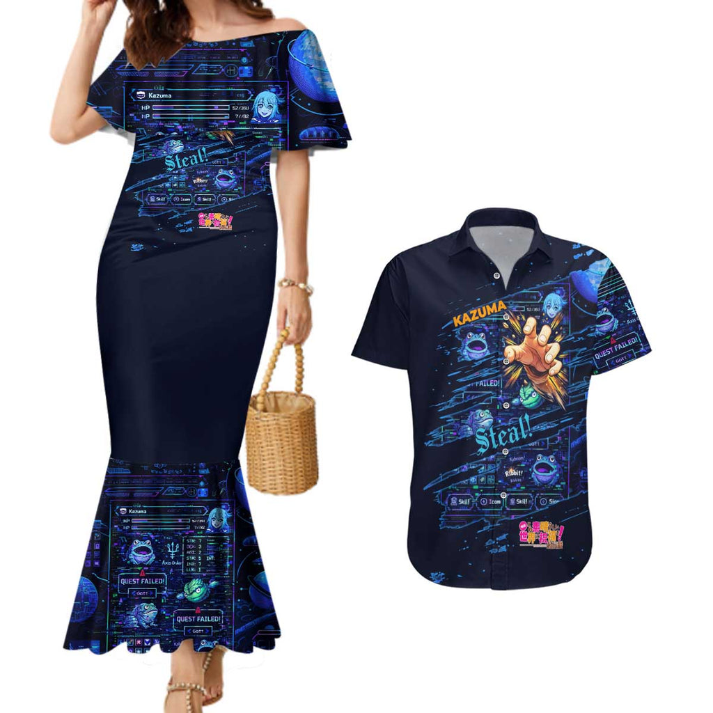 Kazuma Steal Skill Couples Matching Mermaid Dress and Hawaiian Shirt Retro Anime RPG Interface Style