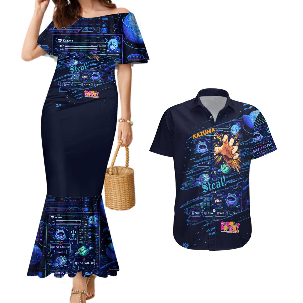 Kazuma Steal Skill Couples Matching Mermaid Dress and Hawaiian Shirt Retro Anime RPG Interface Style