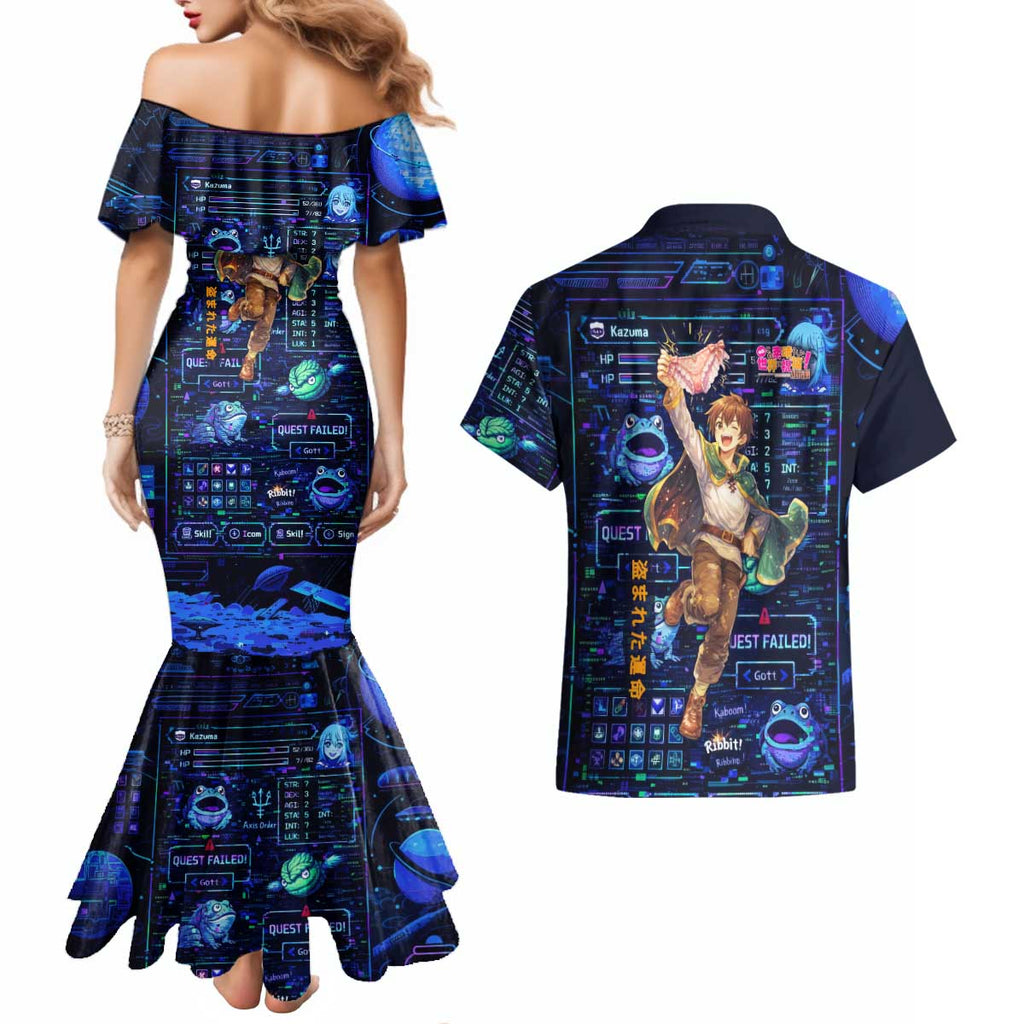Kazuma Steal Skill Couples Matching Mermaid Dress and Hawaiian Shirt Retro Anime RPG Interface Style