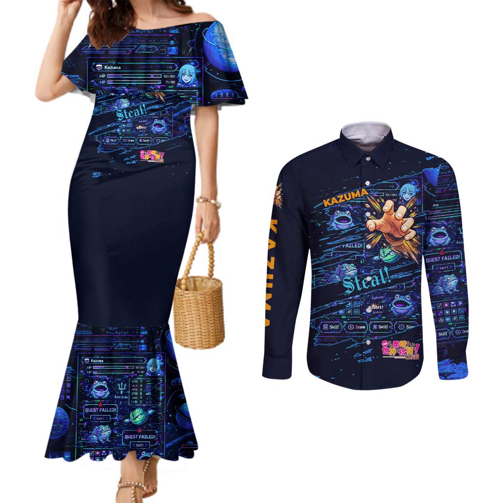 Kazuma Steal Skill Couples Matching Mermaid Dress and Long Sleeve Button Shirt Retro Anime RPG Interface Style
