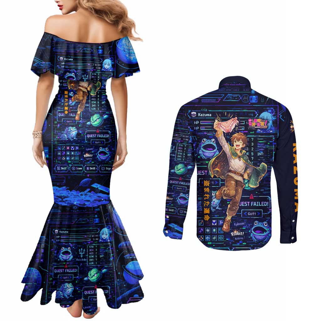 Kazuma Steal Skill Couples Matching Mermaid Dress and Long Sleeve Button Shirt Retro Anime RPG Interface Style