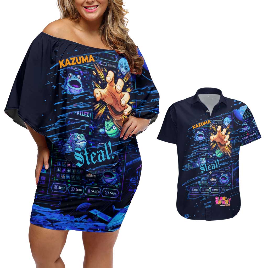 Kazuma Steal Skill Couples Matching Off Shoulder Short Dress and Hawaiian Shirt Retro Anime RPG Interface Style