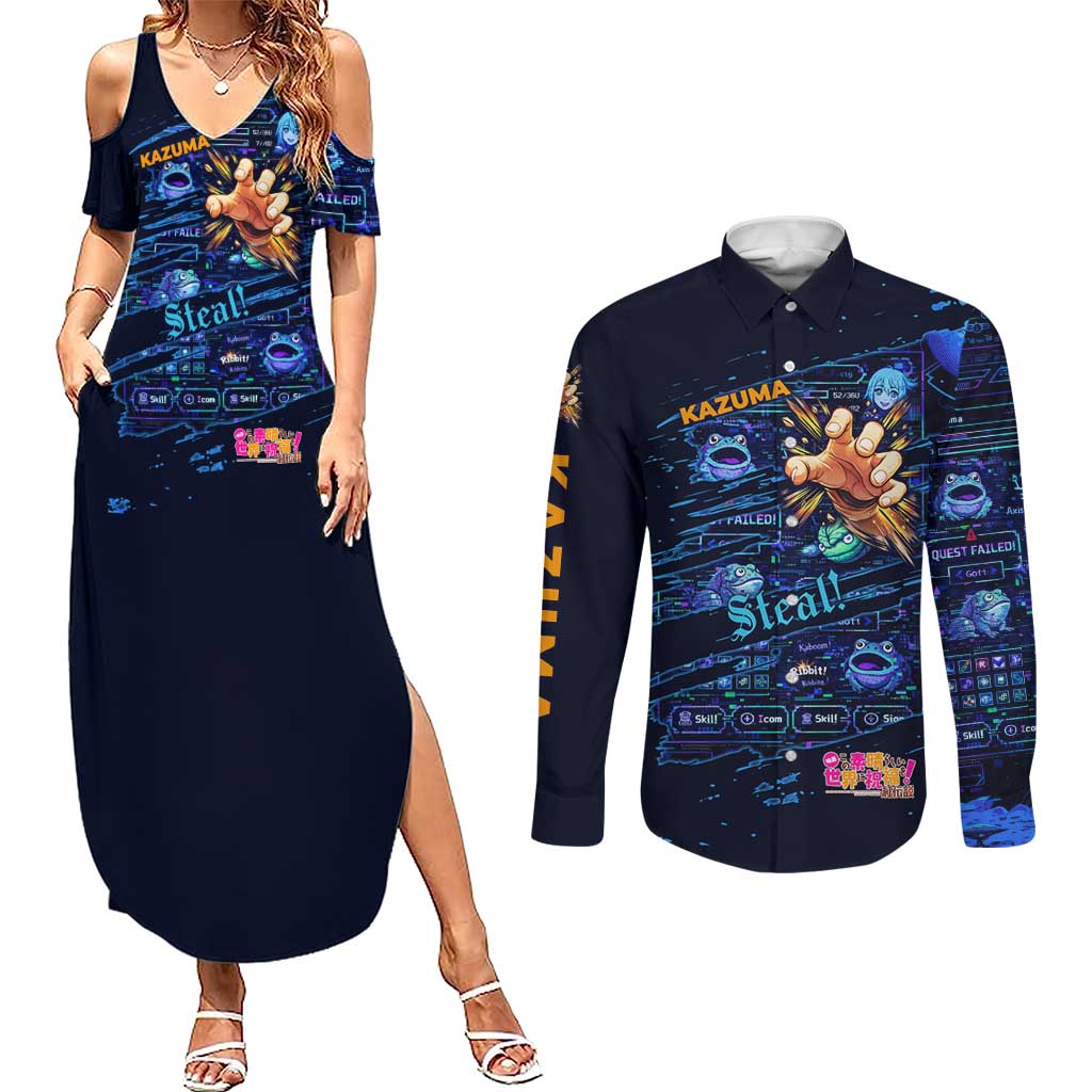 Kazuma Steal Skill Couples Matching Summer Maxi Dress and Long Sleeve Button Shirt Retro Anime RPG Interface Style