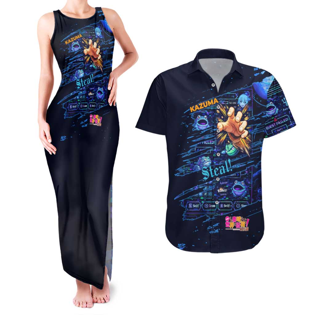 Kazuma Steal Skill Couples Matching Tank Maxi Dress and Hawaiian Shirt Retro Anime RPG Interface Style
