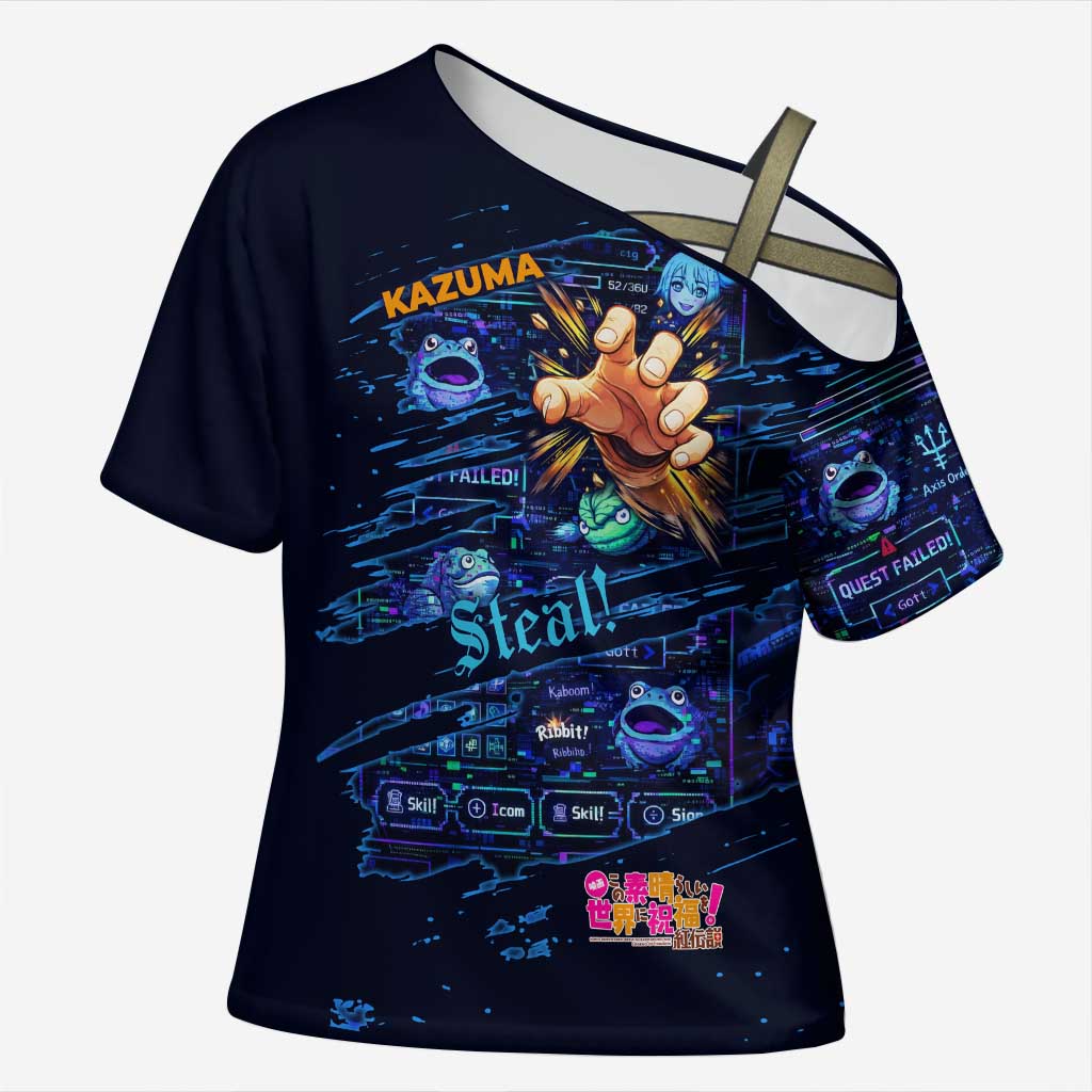 Kazuma Steal Skill Cross Shoulder Shirt Retro Anime RPG Interface Style