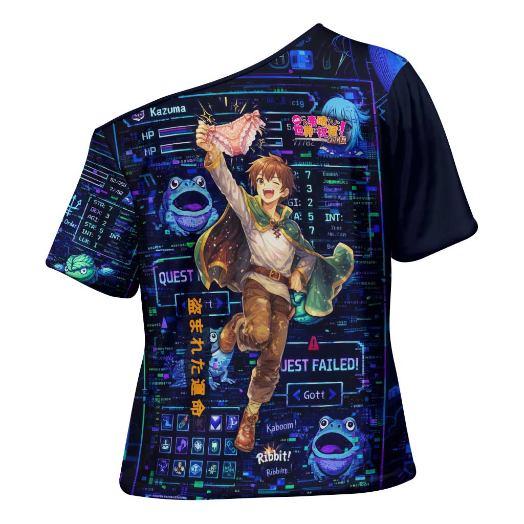 Kazuma Steal Skill Cross Shoulder Shirt Retro Anime RPG Interface Style