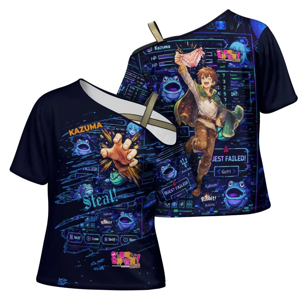 Kazuma Steal Skill Cross Shoulder Shirt Retro Anime RPG Interface Style