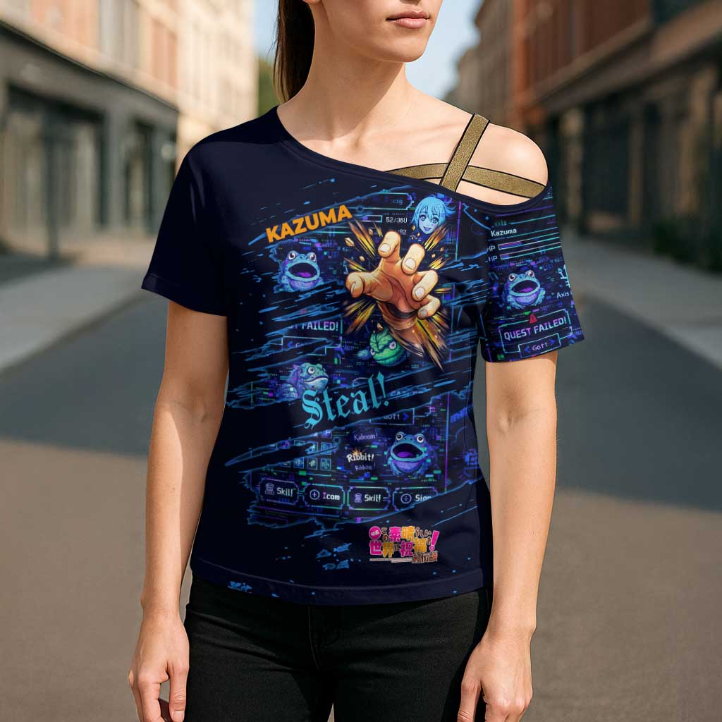 Kazuma Steal Skill Cross Shoulder Shirt Retro Anime RPG Interface Style